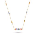 A MULTICOLOUR SAPPHIRE AND DIAMOND NECKLACE set with a row of seven baguette cut orange, pink, bl...