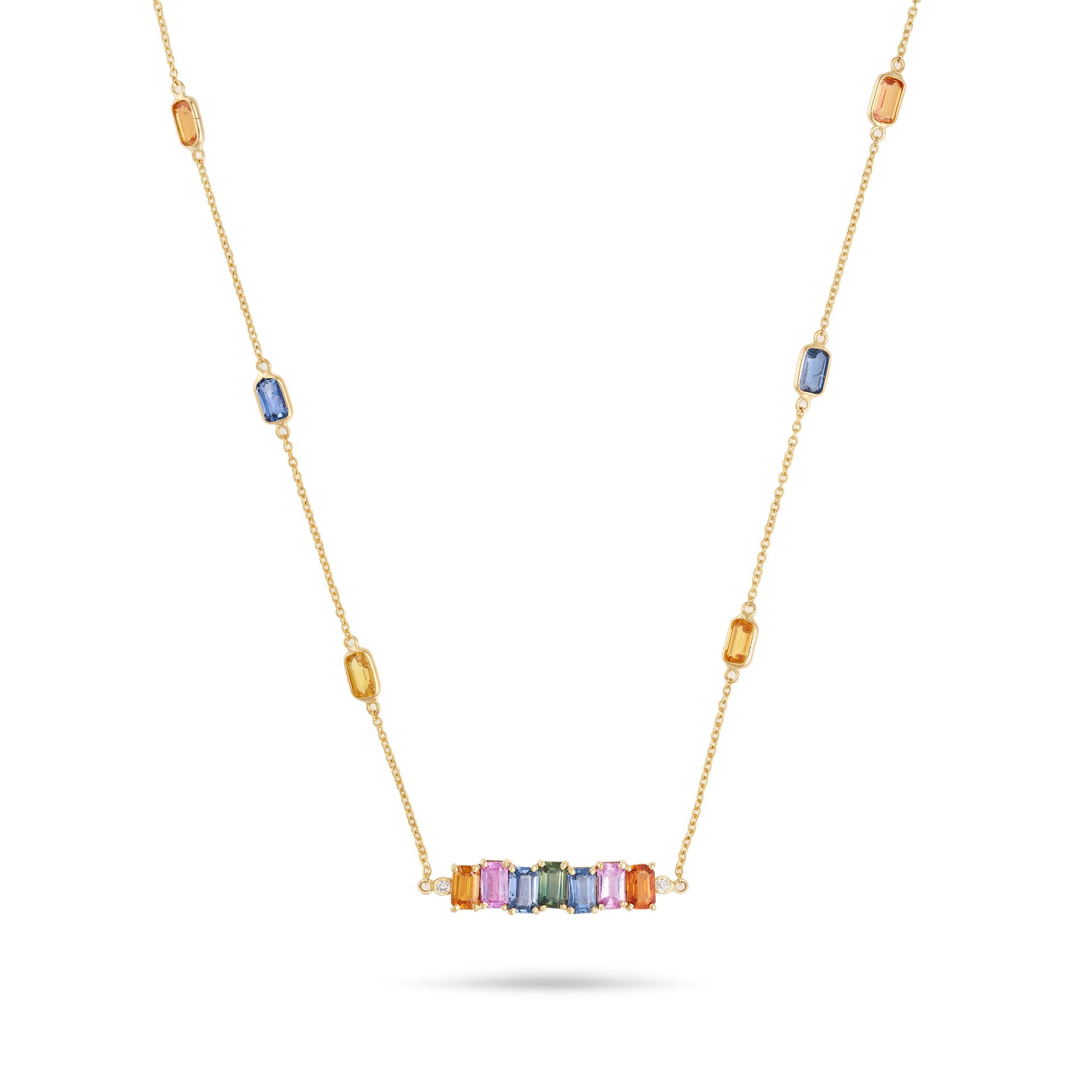 A MULTICOLOUR SAPPHIRE AND DIAMOND NECKLACE set with a row of seven baguette cut orange, pink, bl...