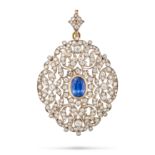 A SAPPHIRE AND DIAMOND BROOCH / PENDANT the openwork body set to the centre with an oval cut sapp...
