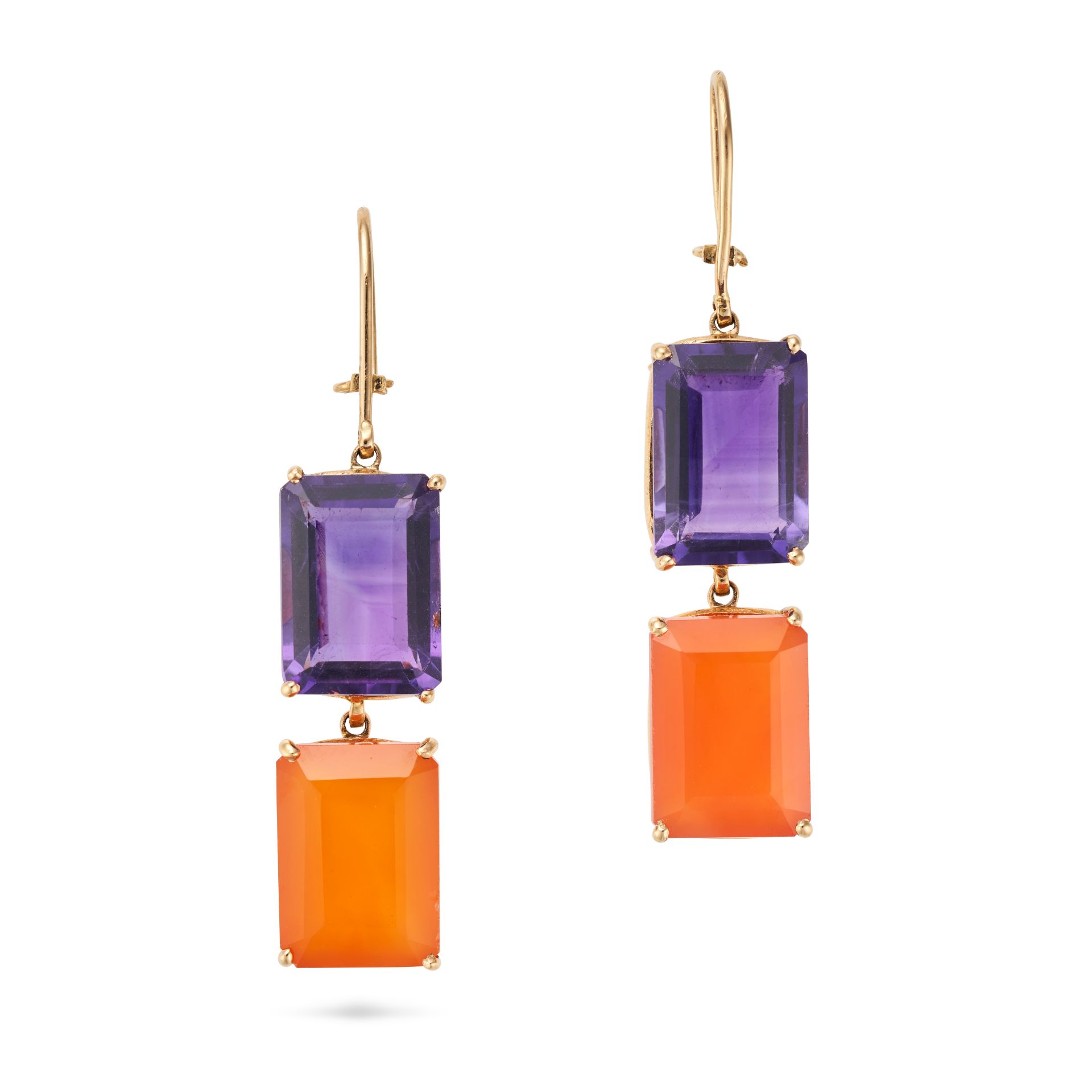 A PAIR OF AMETHYST AND CARNELIAN DROP EARRINGS each set with an octagonal step cut amethyst suspe...