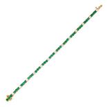 AN EMERALD AND DIAMOND LINE BRACELET comprising a row of round cut emeralds accented by round bri...