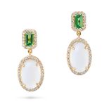 A PAIR OF TSAVORITE GARNET, MOONSTONE AND DIAMOND DROP EARRINGS each set with an octagonal step c...