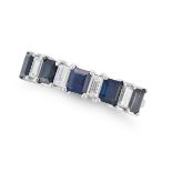 A SAPPHIRE AND DIAMOND HALF ETERNITY RING half set with a row of alternating rectangular step cut...