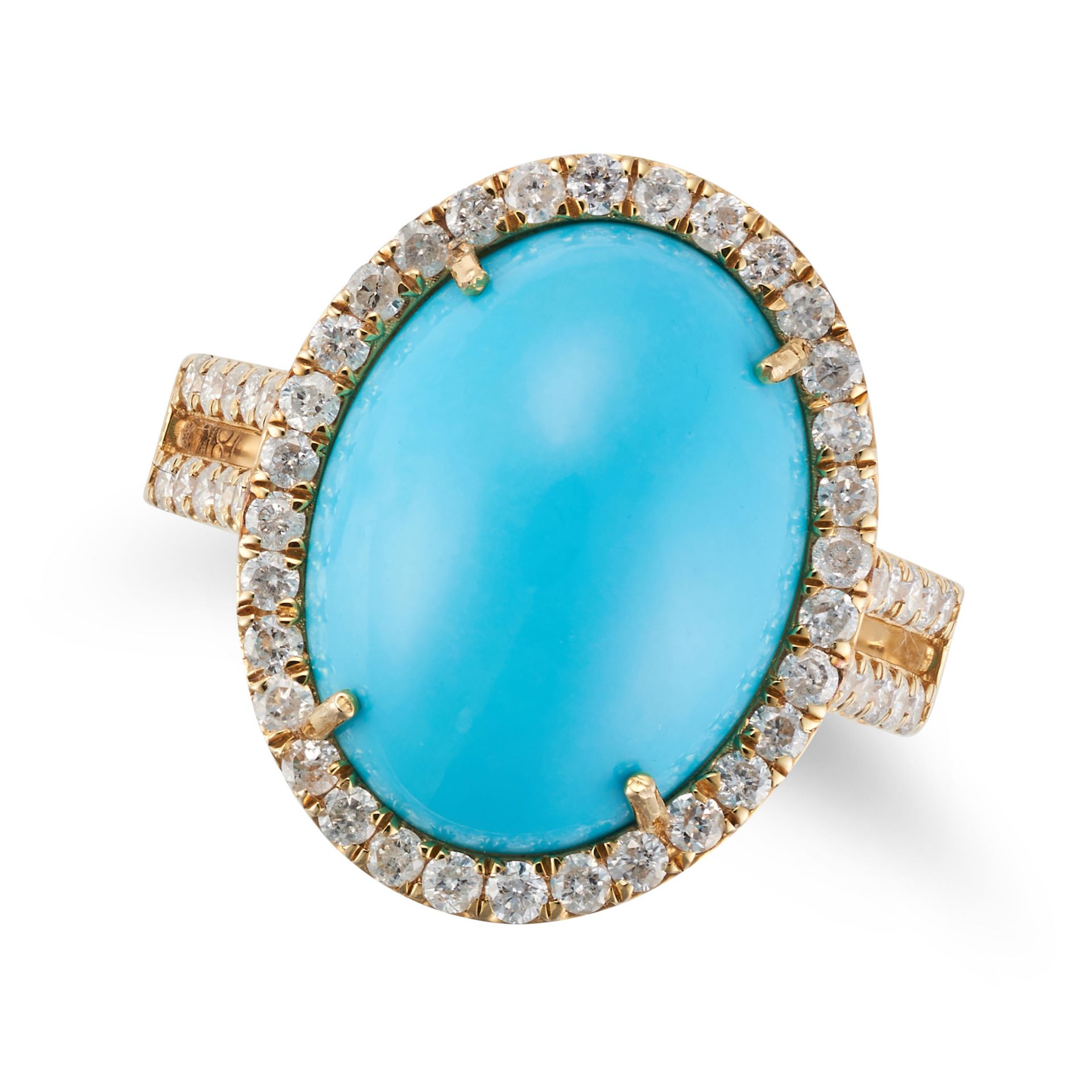 A TURQUOISE AND DIAMOND RING set with an oval cabochon turquoise in a border of round cut diamond...