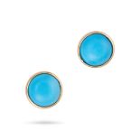 A PAIR OF RECONSTITUTED TURQUOISE STUD EARRINGS each set with a round cabochon reconstituted turq...
