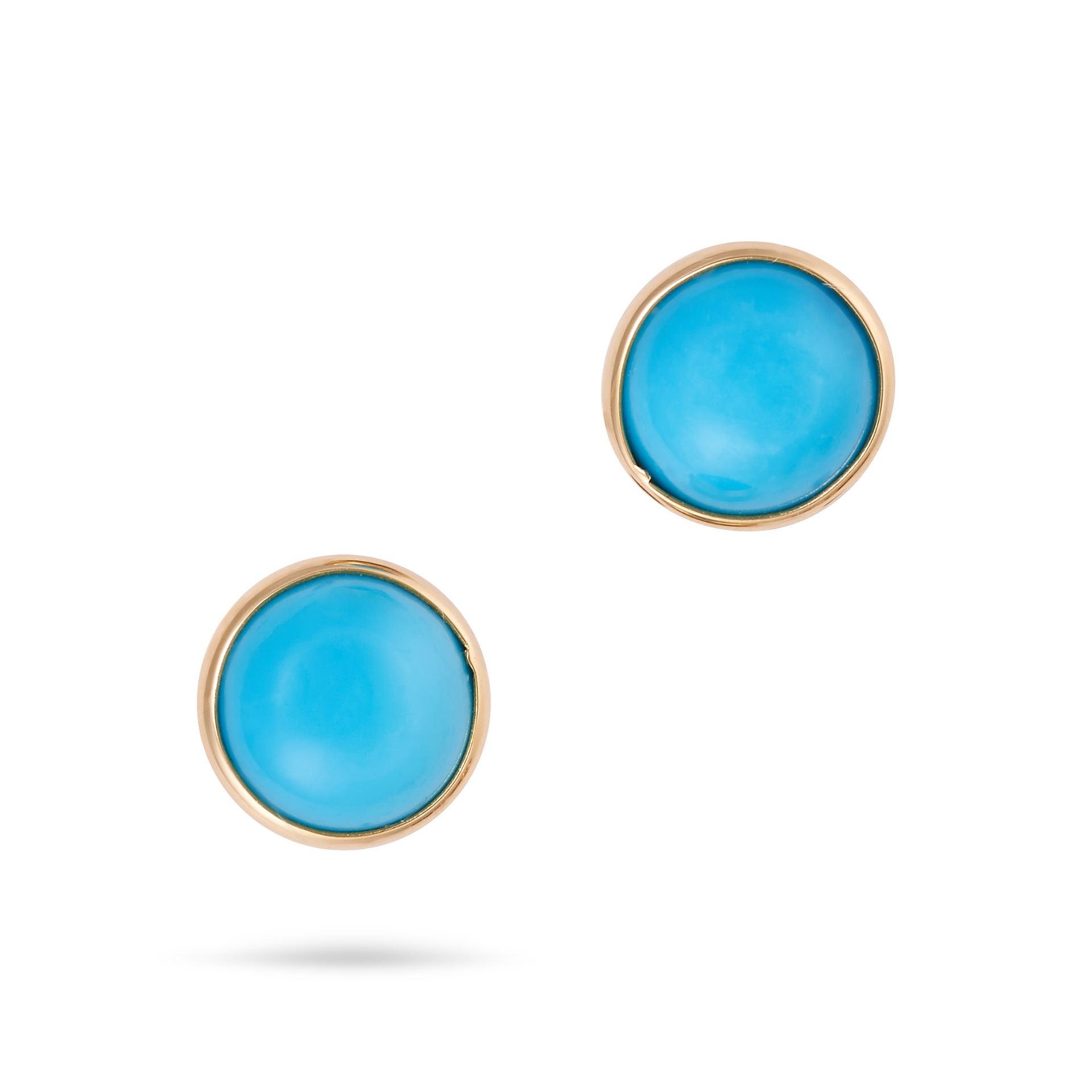 A PAIR OF RECONSTITUTED TURQUOISE STUD EARRINGS each set with a round cabochon reconstituted turq...