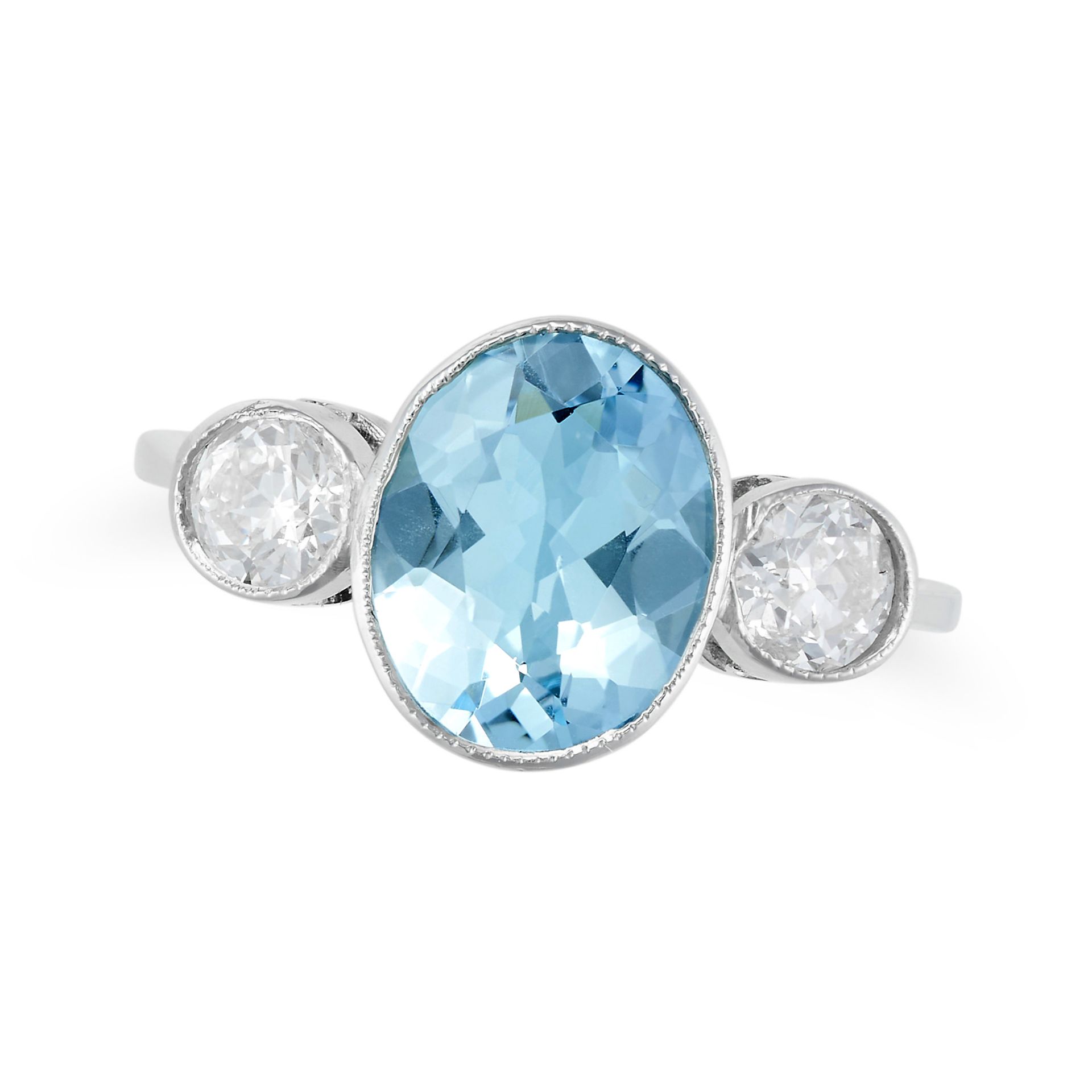 AN AQUAMARINE AND DIAMOND THREE STONE RING set with an oval cut aquamarine between two round cut ...