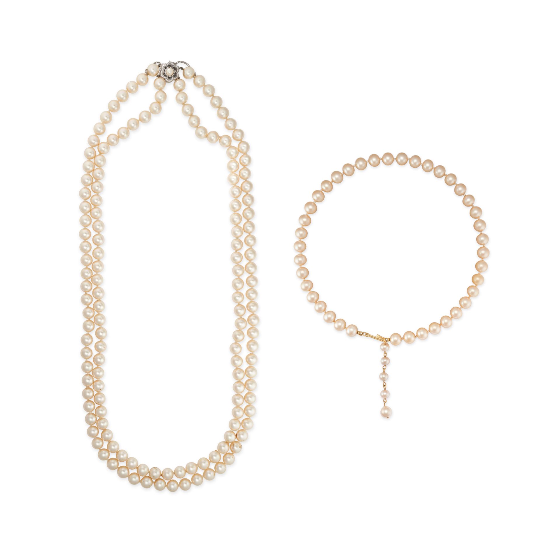 NO RESERVE - TWO FAUX PEARL NECKLACES one comprising two rows of faux pearls, with a faux pearl s...