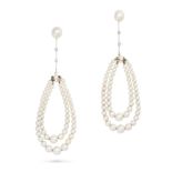 A PAIR OF PEARL AND DIAMOND DROP EARRINGS in white gold, each comprising a pearl stud suspending ...