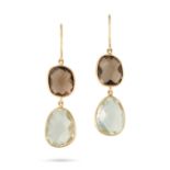 A PAIR OF SMOKEY QUARTZ AND PRASIOLITE EARRINGS each set with a fancy cut smokey quartz and a fan...