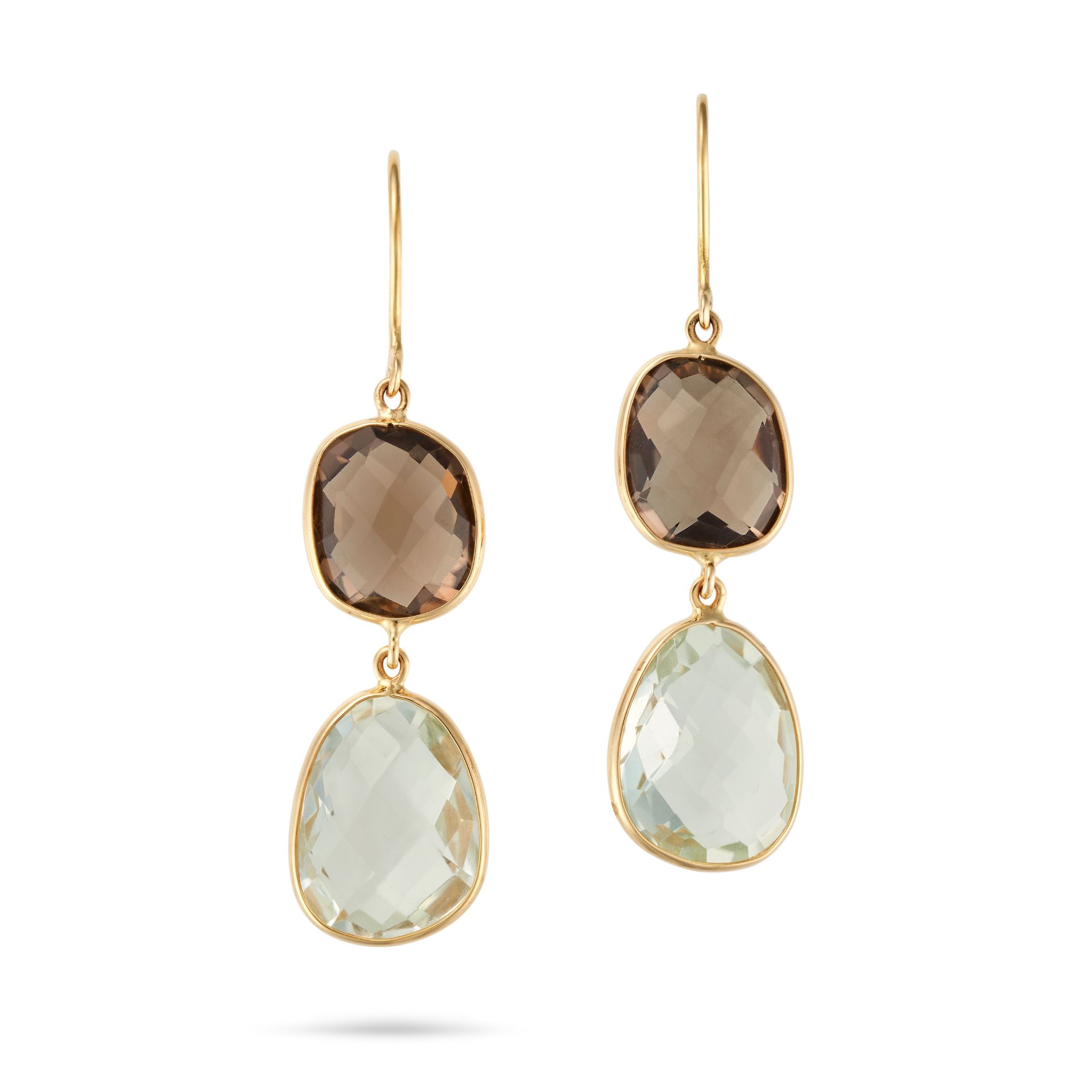 A PAIR OF SMOKEY QUARTZ AND PRASIOLITE EARRINGS each set with a fancy cut smokey quartz and a fan...