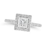 A DIAMOND ENGAGEMENT RING set with a princess cut diamond of 0.72 carats in a border of round cut...