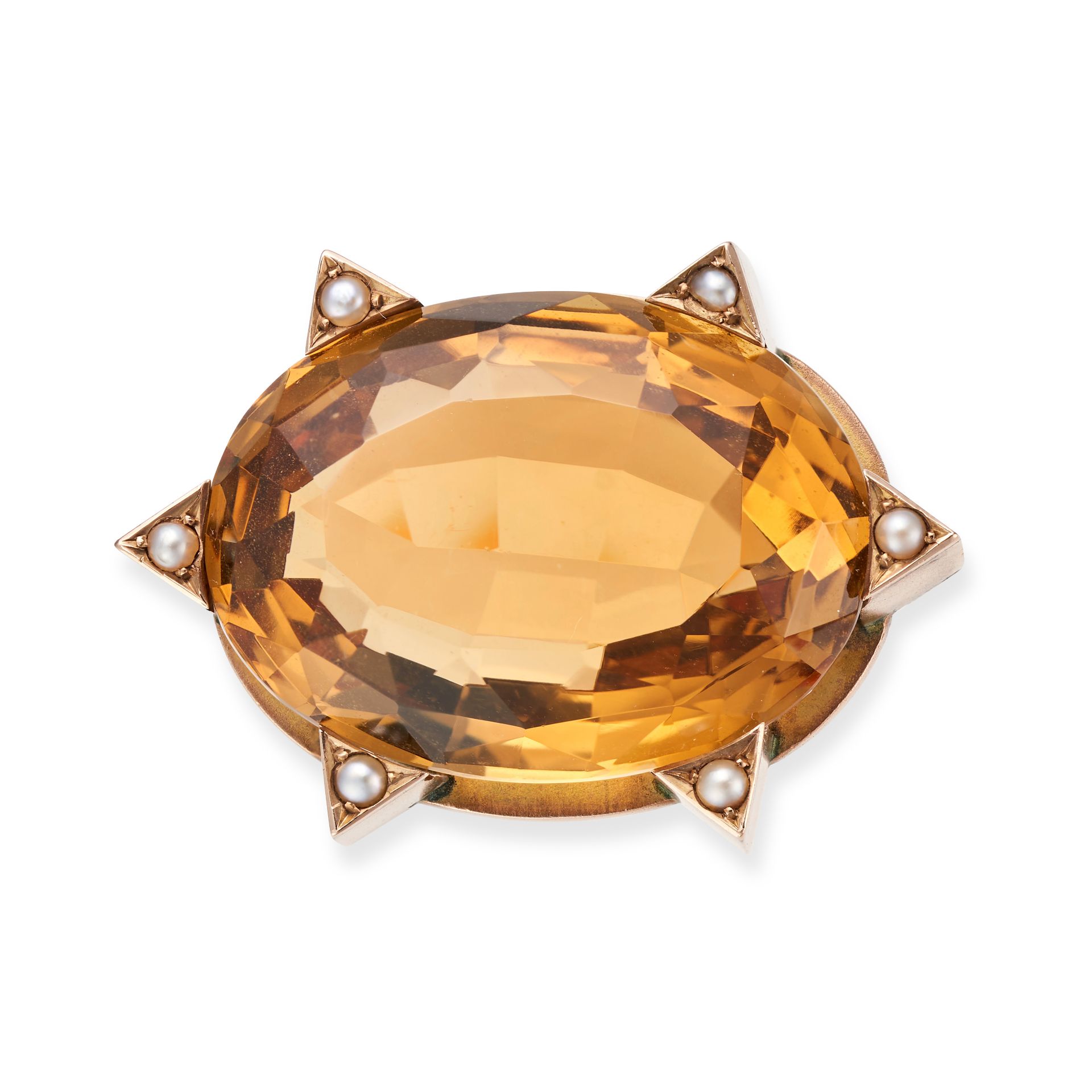 NO RESERVE - A CITRINE AND PEARL BROOCH in 9ct yellow gold, set with an oval cut citrine accented...