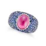 A PINK TOURMALINE AND SAPPHIRE RING in 18ct white gold, set with an oval cabochon pink tourmaline...