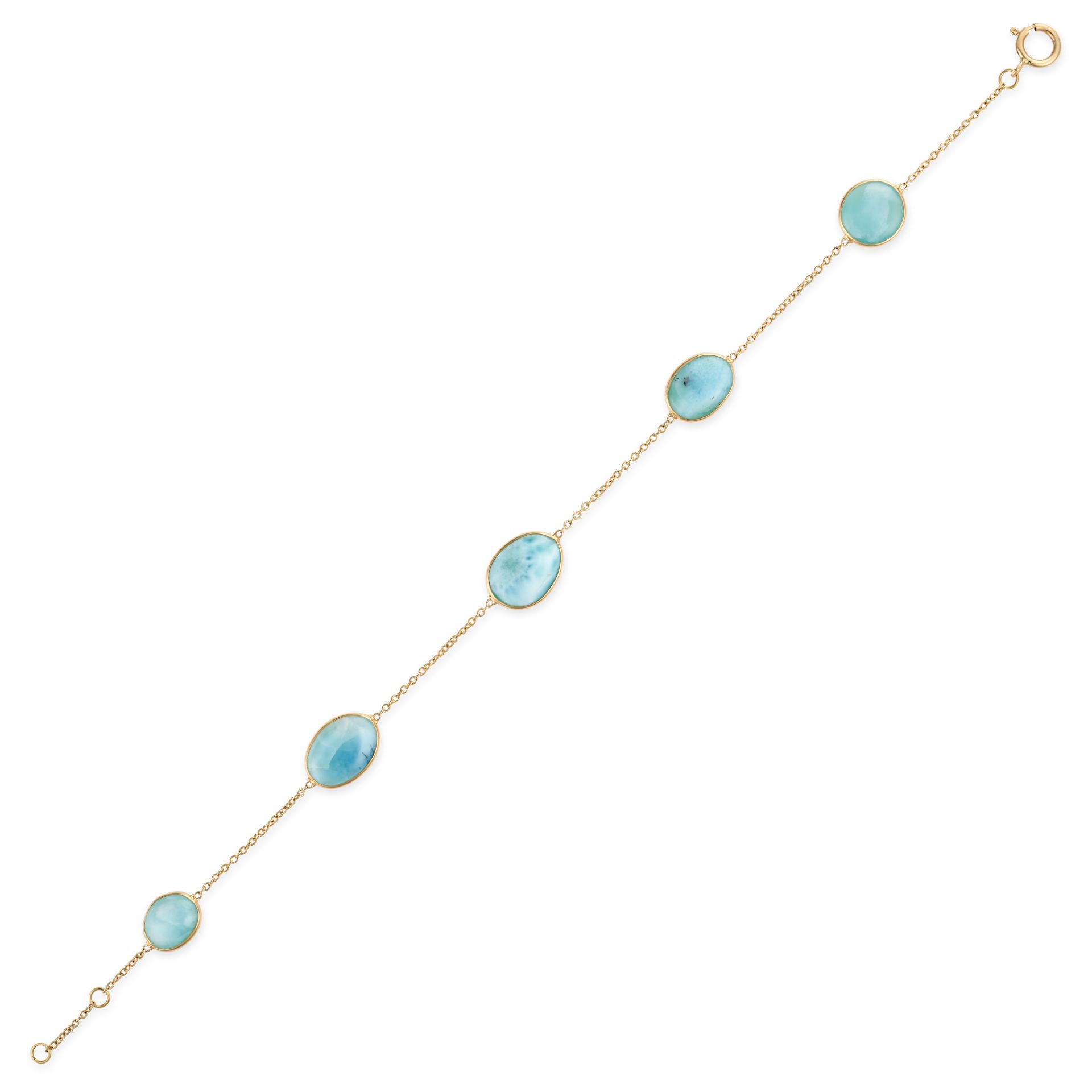 A LARIMAR BRACELET comprising a trace chain set with oval and round cabochon larimar, stamped 750...