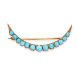 NO RESERVE - A TURQUOISE CRESCENT MOON BROOCH set with a row of round cabochon turquoise, no assa...