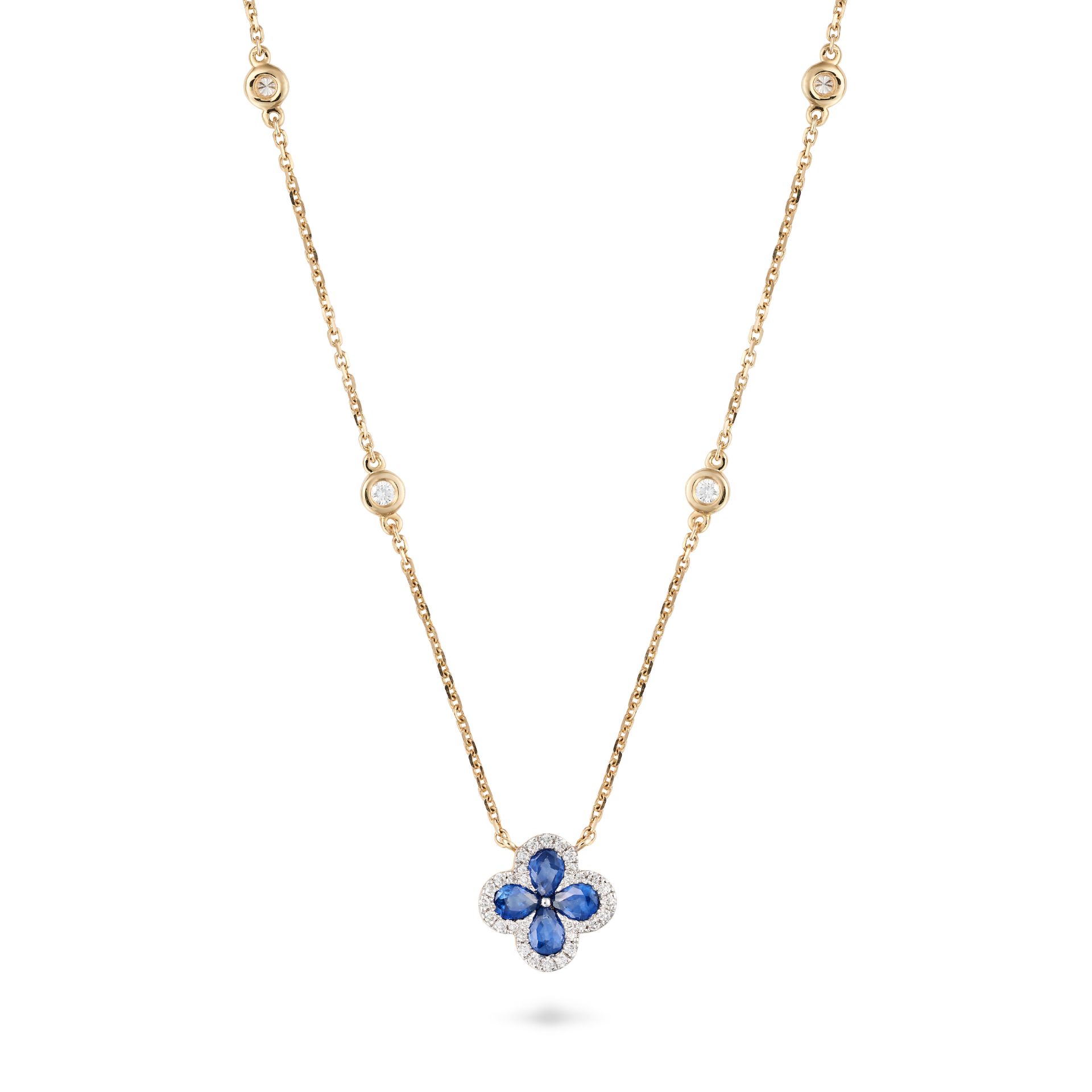 A SAPPHIRE AND DIAMOND FLOWER PENDANT NECKLACE the pendant designed as a flower set with pear cut... - Bild 2 aus 2