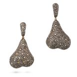 A PAIR OF DIAMOND DROP EARRINGS each suspending an abstract drop set throughout with round cut di...