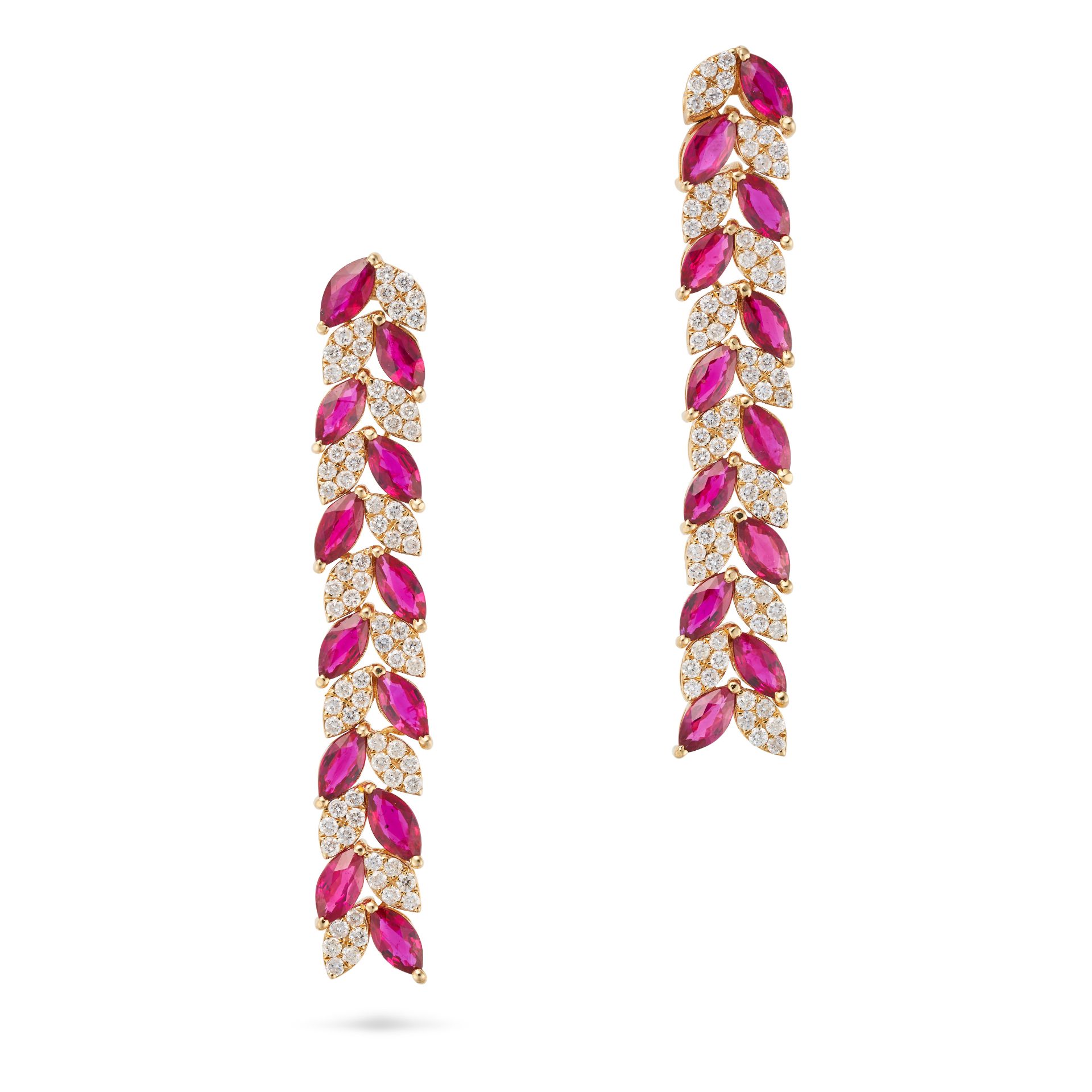 A PAIR OF RUBY AND DIAMOND DROP EARRINGS each comprising two rows of marquise cut rubies and marq...