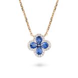 A SAPPHIRE AND DIAMOND FLOWER PENDANT NECKLACE the pendant designed as a flower set with pear cut...