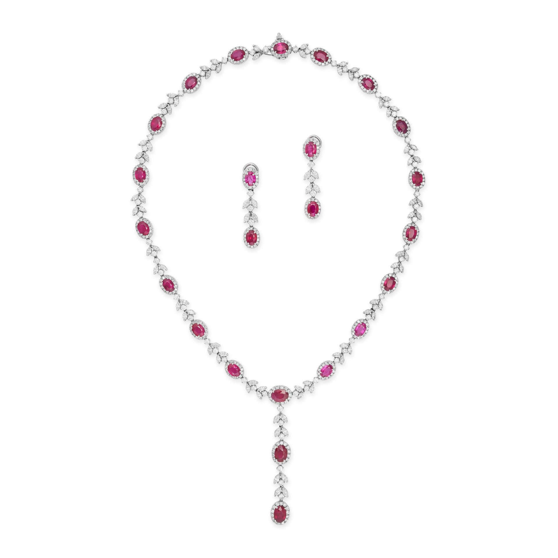 A BURMESE RUBY AND DIAMOND NECKLACE AND EARRINGS SUITE the necklace set with a row of oval cut ru...