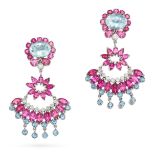 A PAIR OF AQUAMARINE, PINK TOURMALINE AND DIAMOND DROP CLIP EARRINGS each set with an oval cut aq...