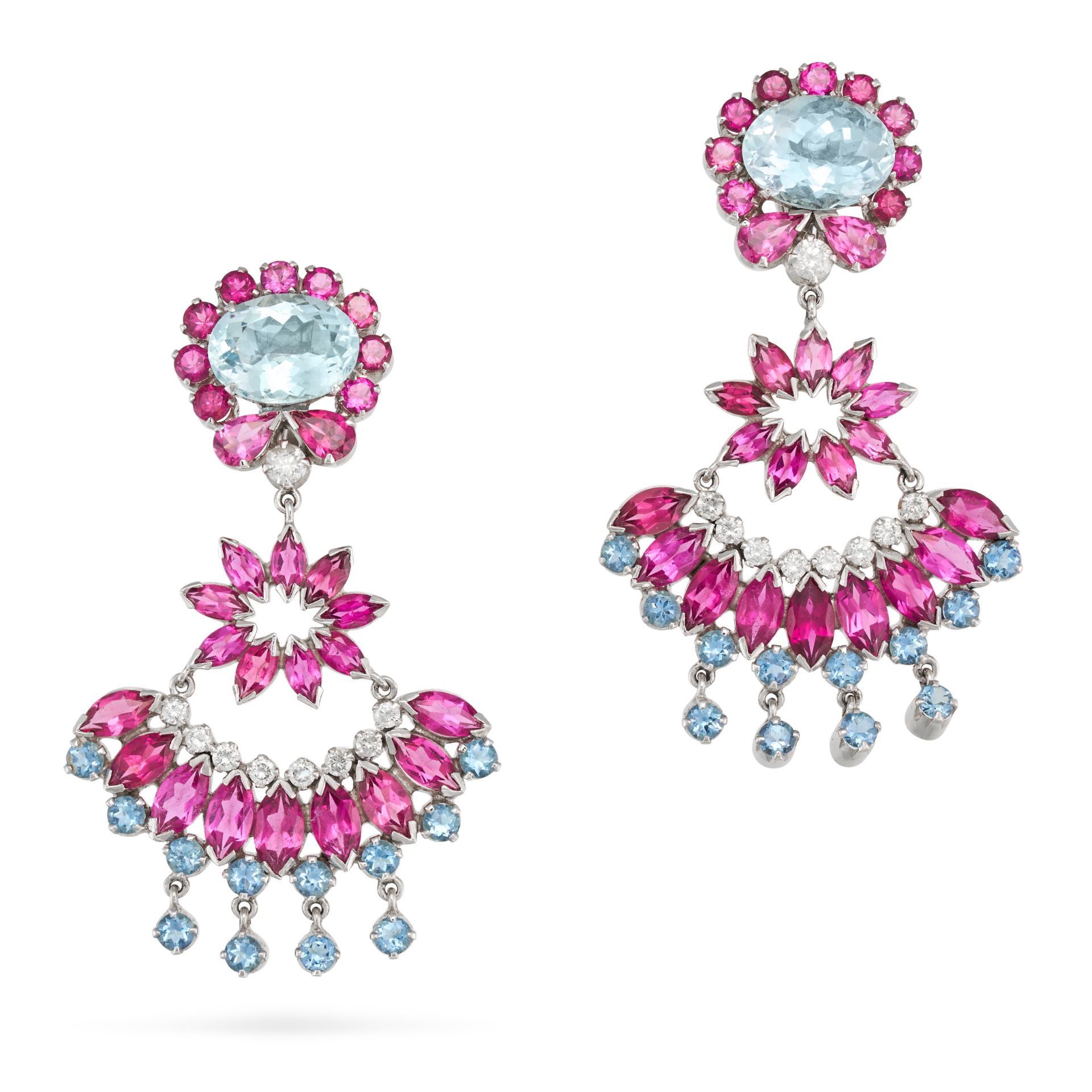 A PAIR OF AQUAMARINE, PINK TOURMALINE AND DIAMOND DROP CLIP EARRINGS each set with an oval cut aq...