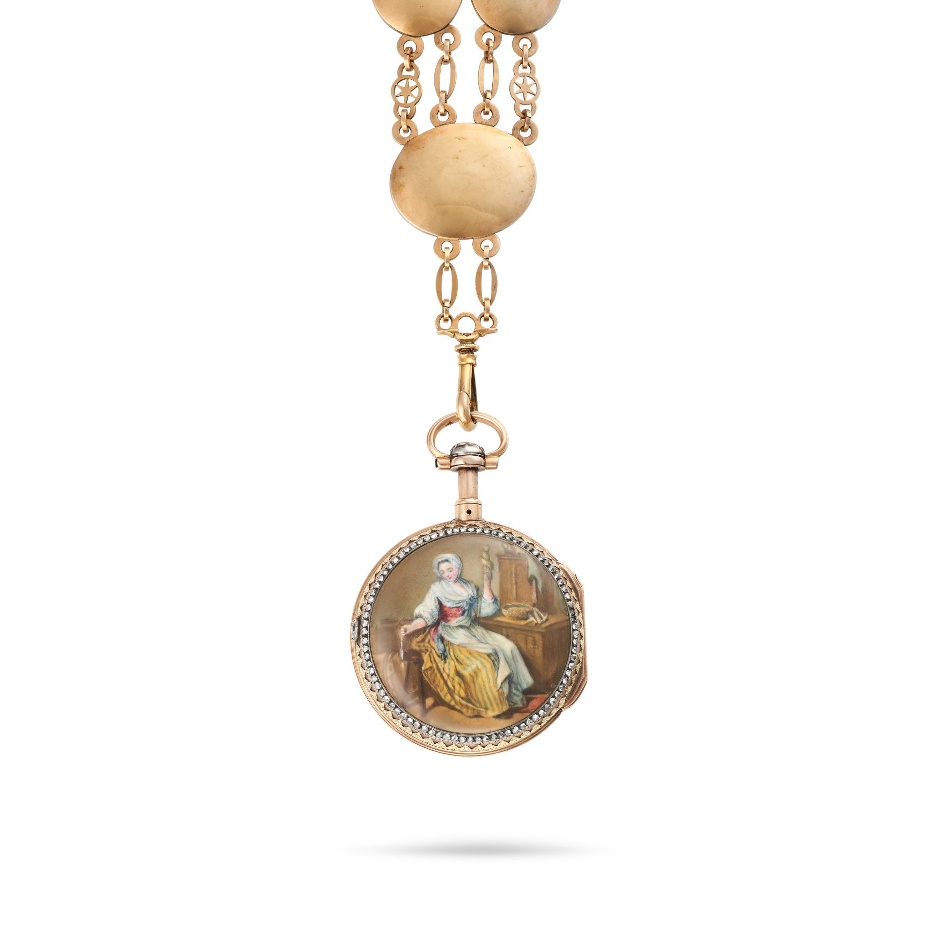 AN ANTIQUE SWISS ENAMEL AND DIAMOND CHATELAINE WATCH, 18TH CENTURY in yellow gold and silver, the... - Bild 2 aus 2