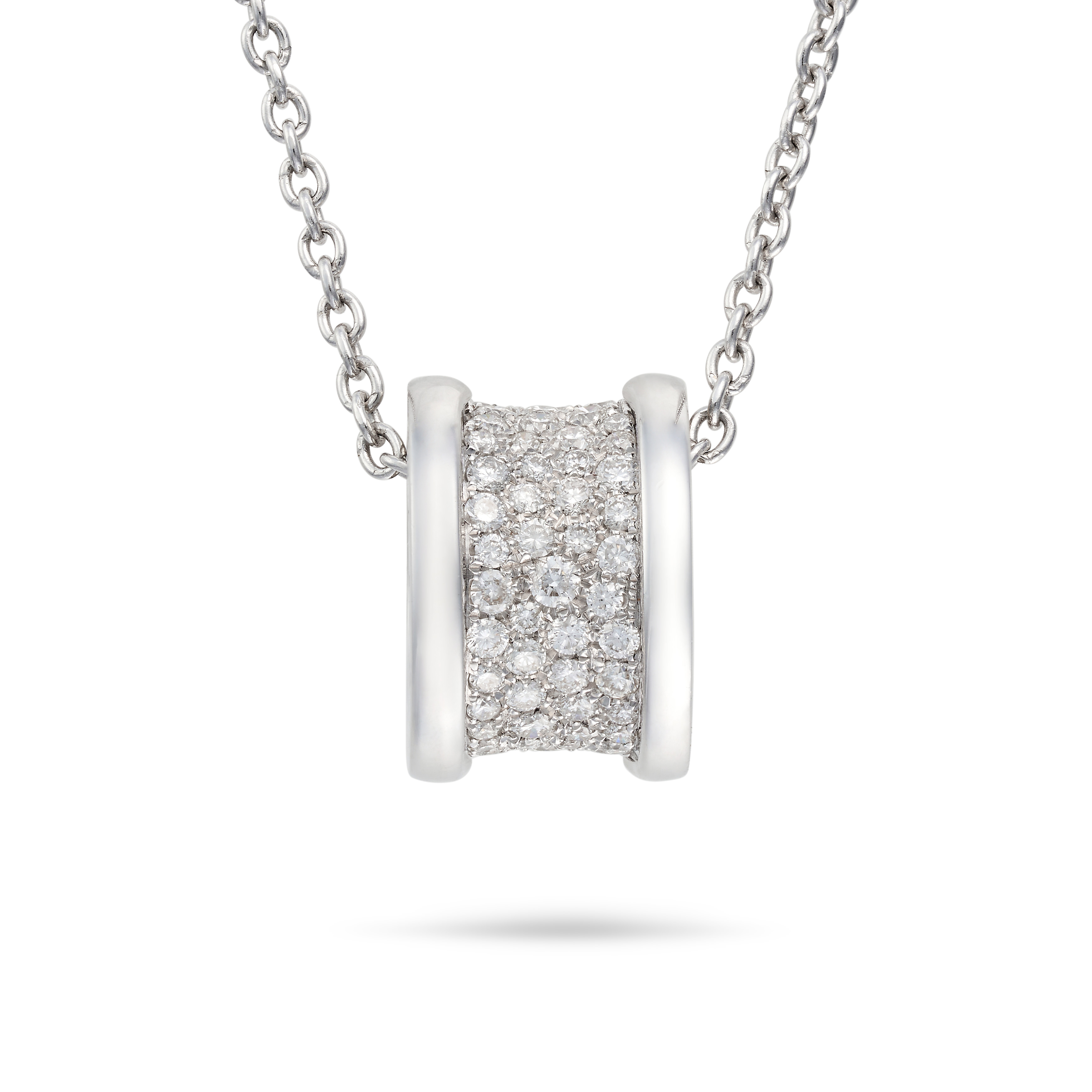 BULGARI, A DIAMOND B ZERO PENDANT NECKLACE the pendant comprising a central section pave set roun...