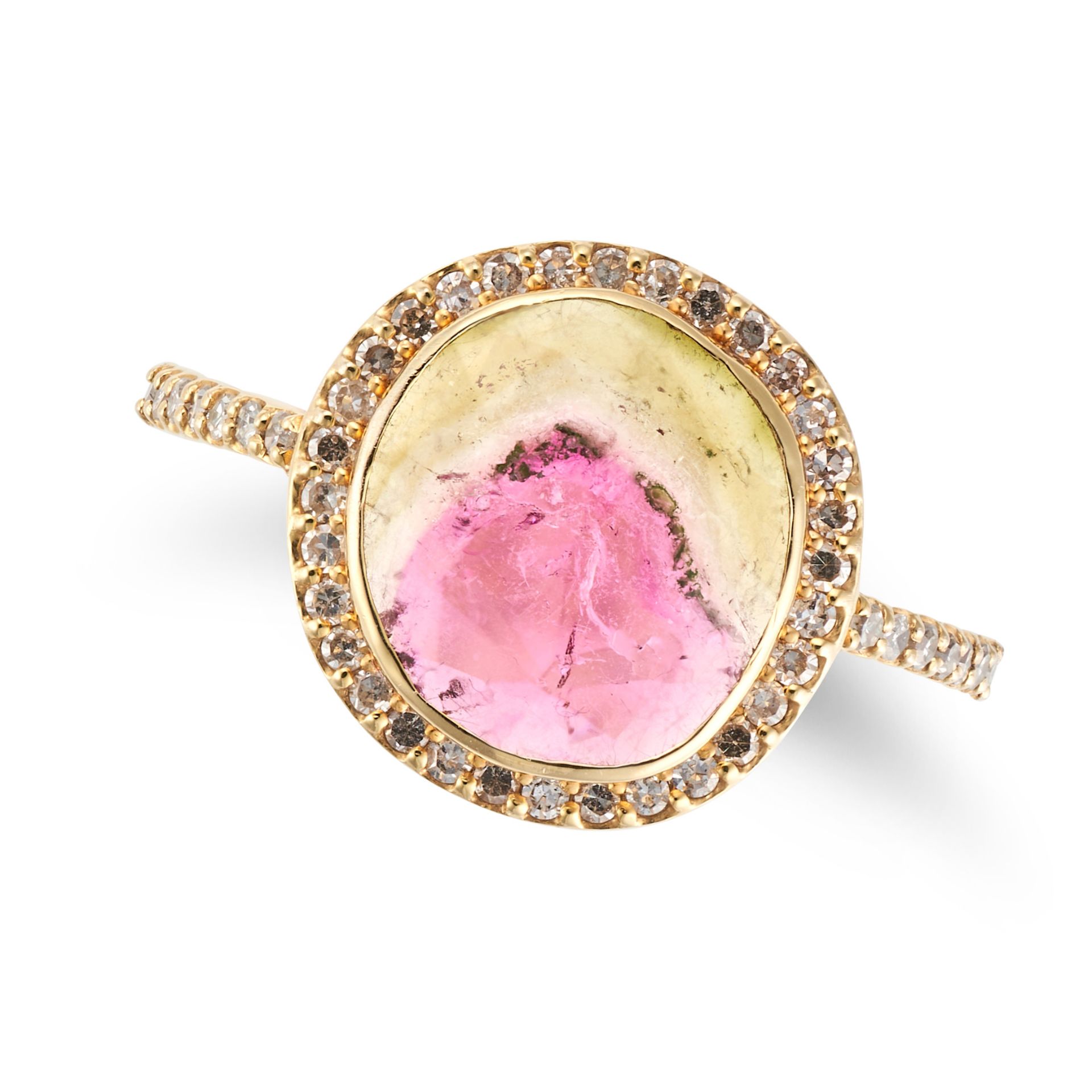 A WATERMELON TOURMALINE AND DIAMOND RING set with a cushion cut watermelon tourmaline of 2.07 car...