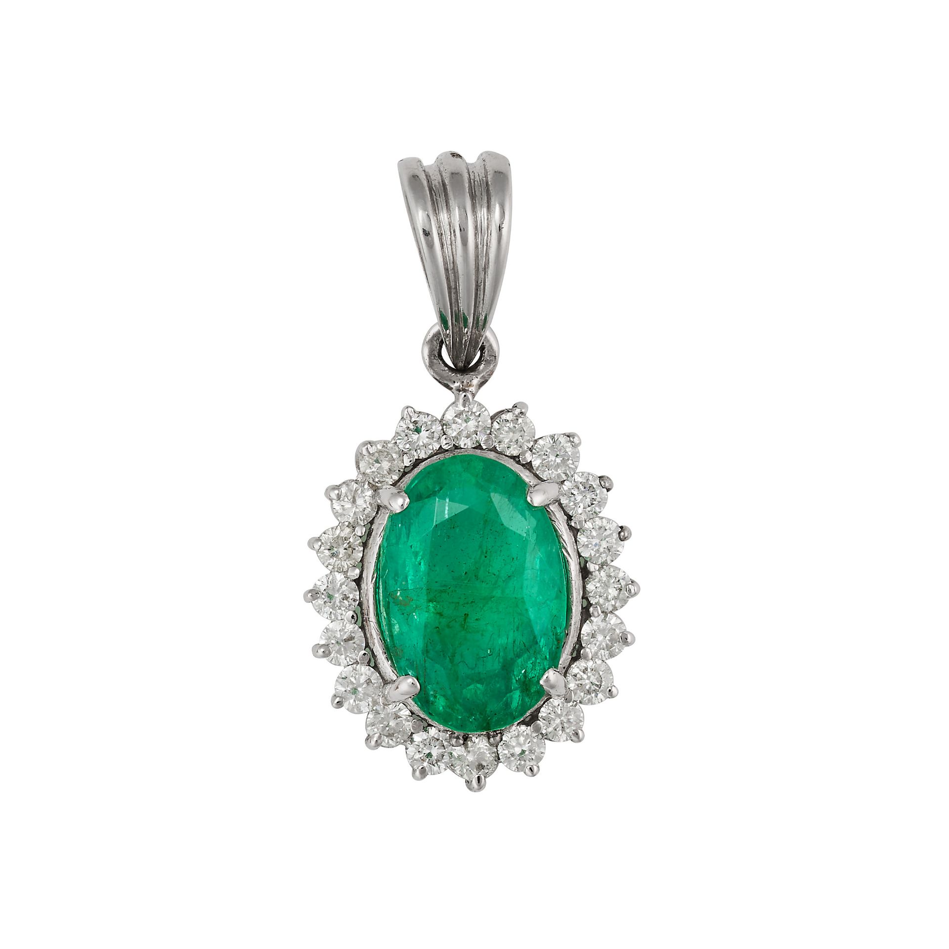 AN EMERALD AND DIAMOND CLUSTER PENDANT set with an oval cut emerald of approximately 3.35 carats ...