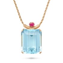 AN AQUAMARINE AND RUBY PENDANT NECKLACE set with an octagonal step cut aquamarine of approximatel...