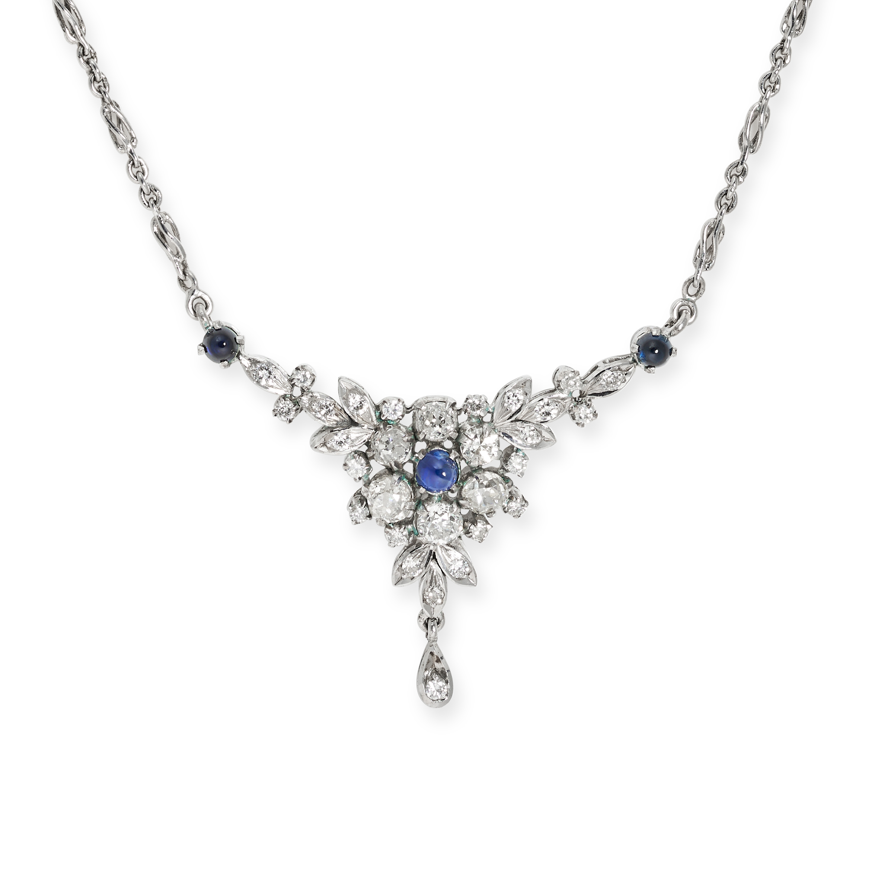 A SAPPHIRE AND DIAMOND NECKLACE the foliate style necklace set with a round cabochon sapphire in ...