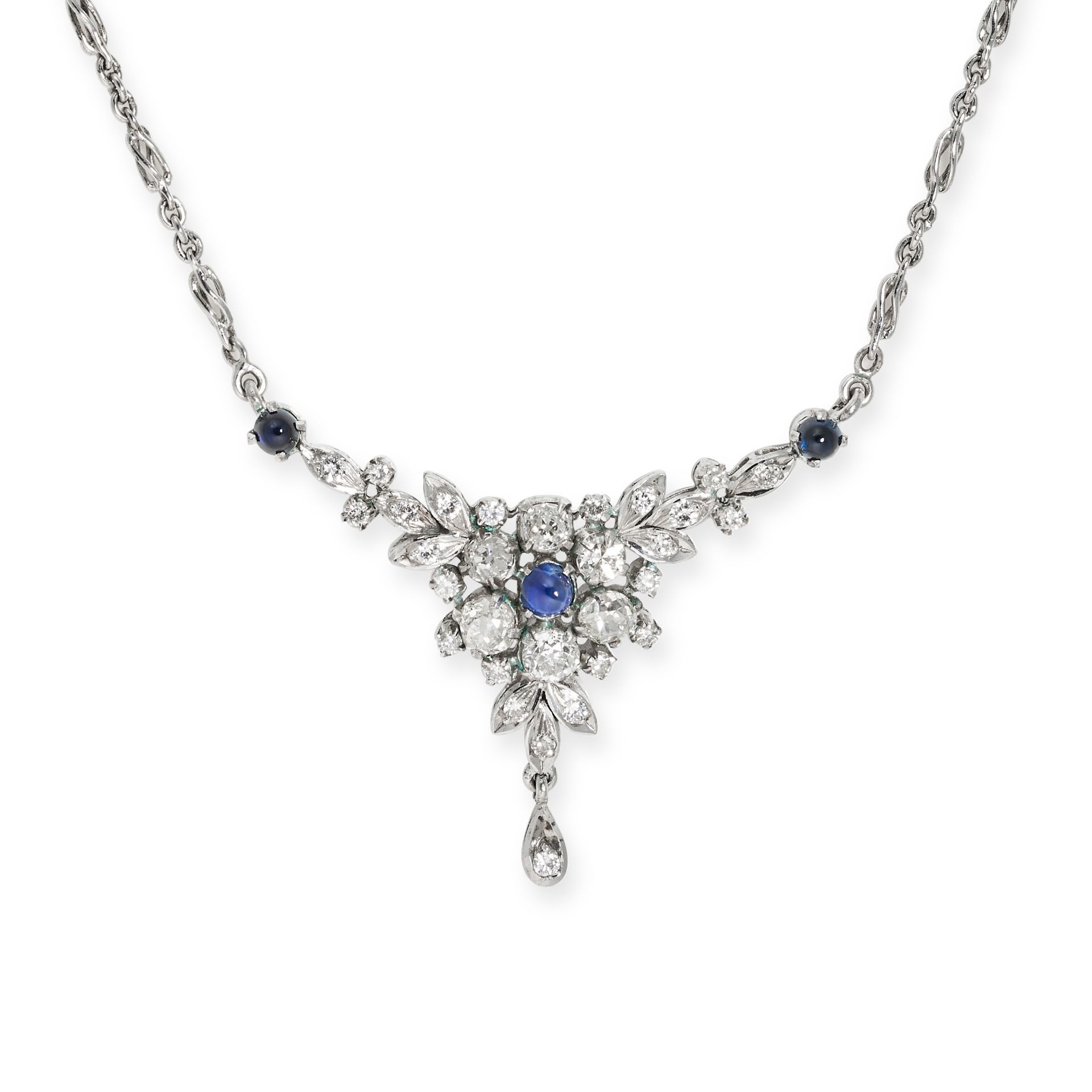 A SAPPHIRE AND DIAMOND NECKLACE the foliate style necklace set with a round cabochon sapphire in ...