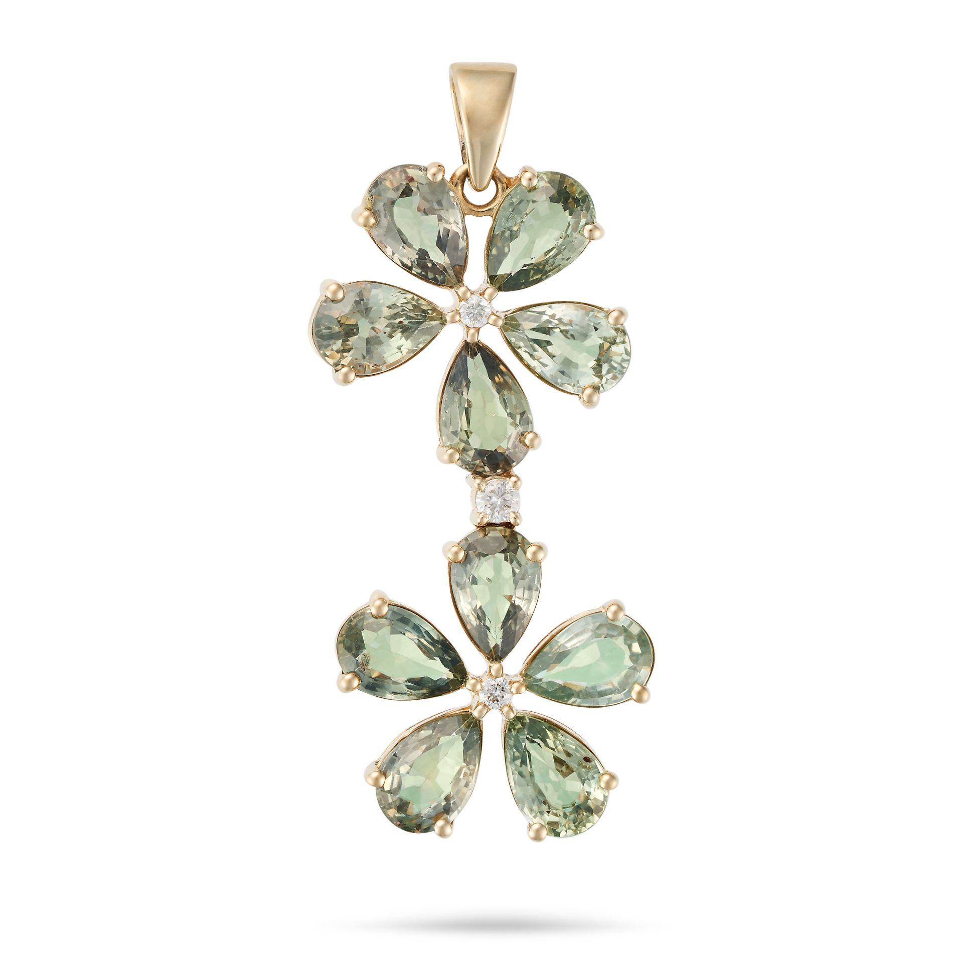 A GREEN SAPPHIRE AND DIAMOND FLORAL PENDANT comprising a round brilliant cut diamond in a cluster...