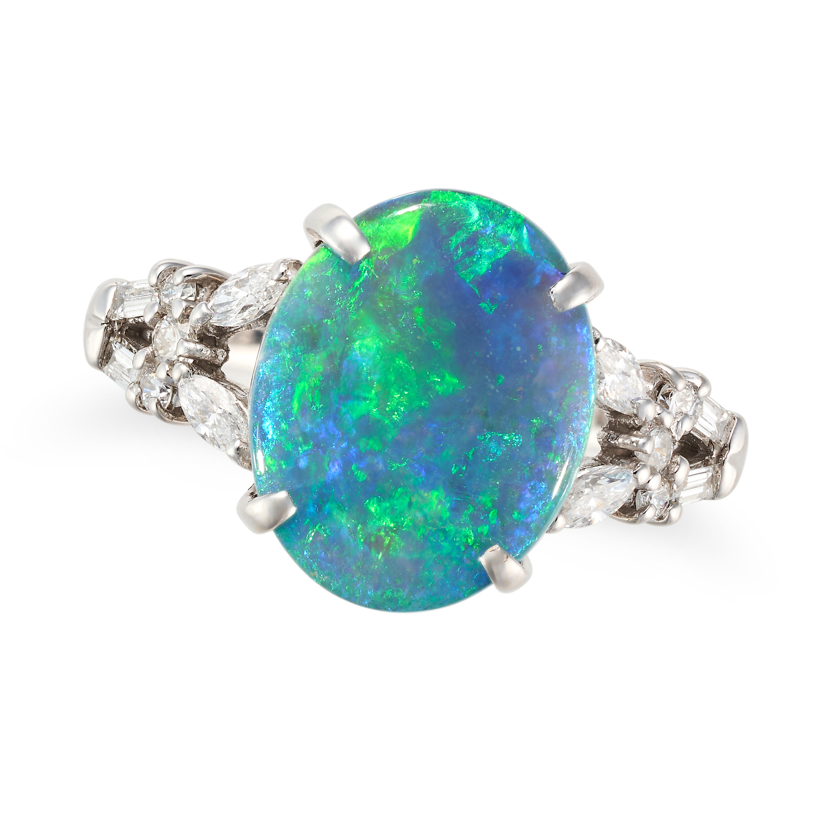 AN OPAL AND DIAMOND RING in 18ct white gold, set with an oval cabochon opal, the shoulders set wi...