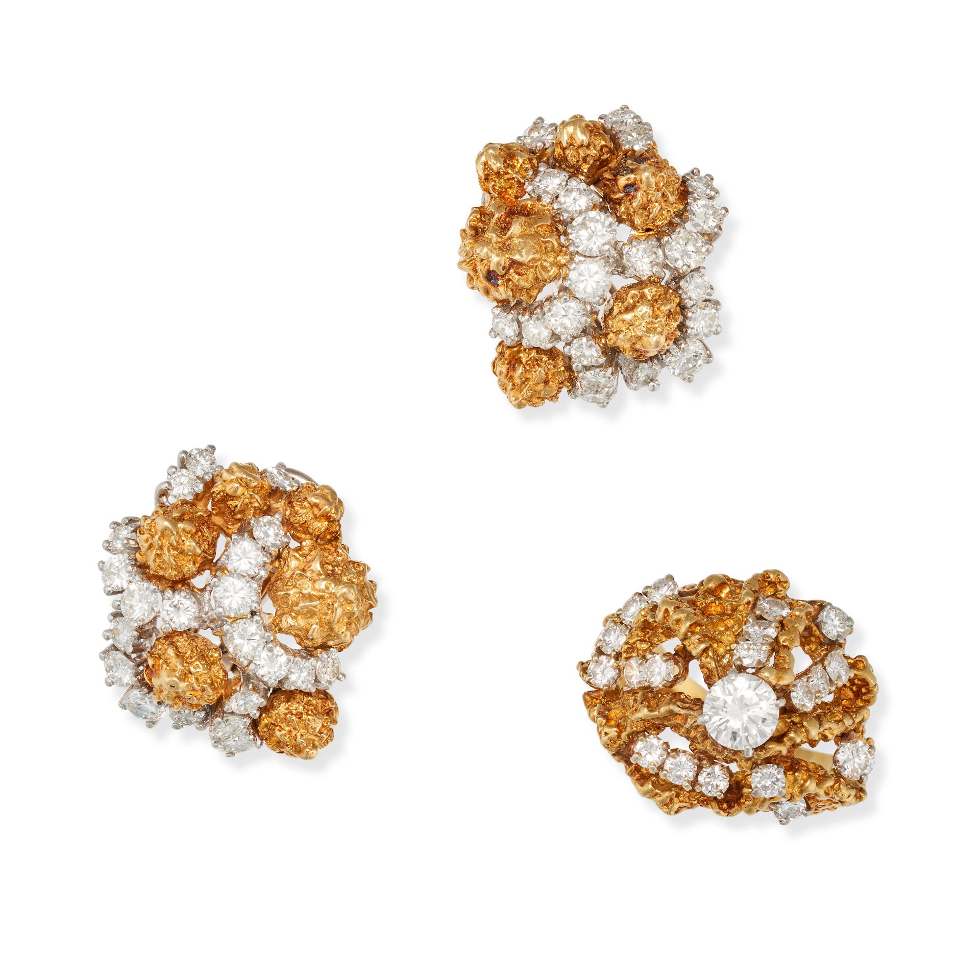 A MODERNIST DIAMOND RING AND EARRINGS SUITE in 18ct white and yellow gold, the ring in a textured...