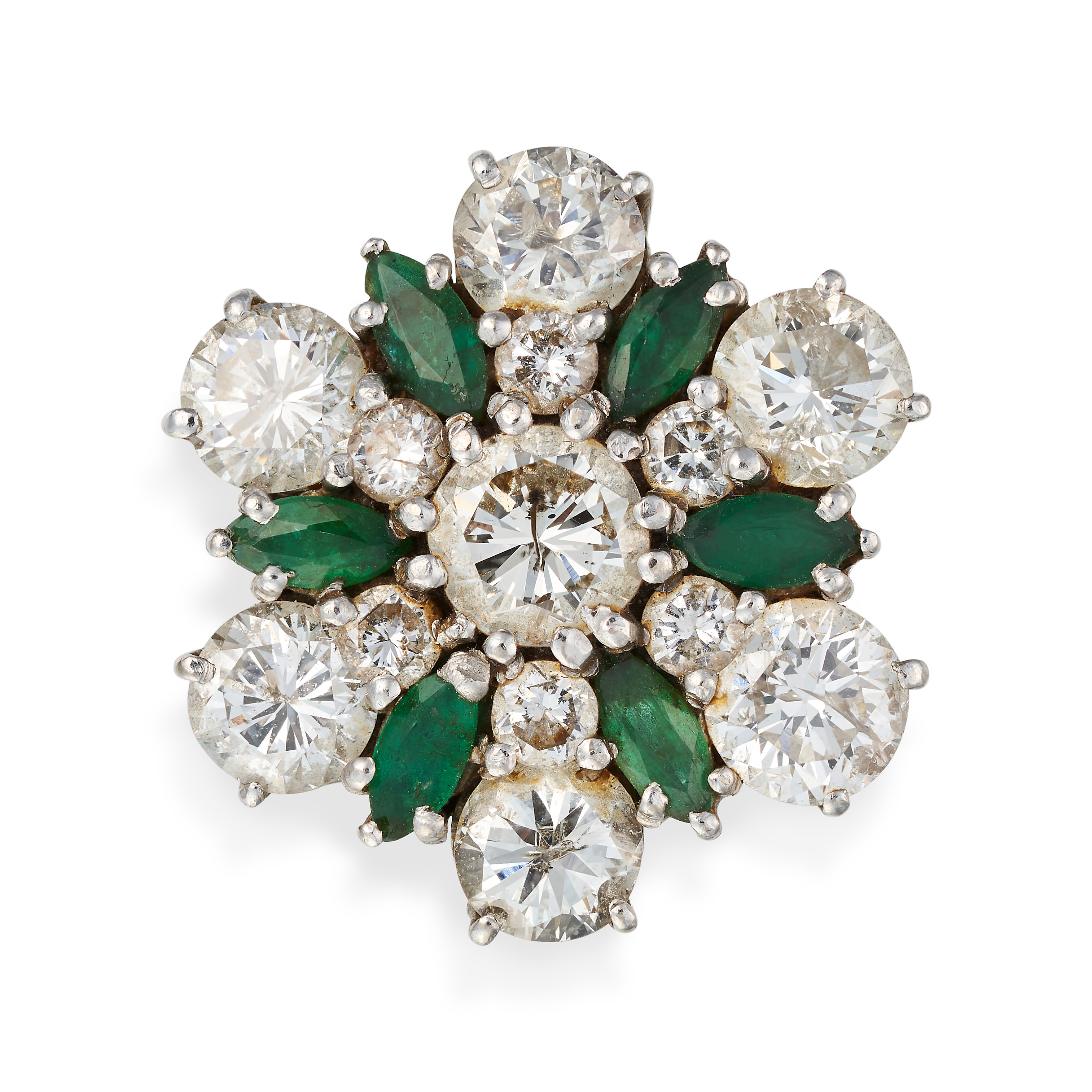 A DIAMOND AND EMERALD CLUSTER RING set with a round brilliant cut diamond in a cluster of marquis...