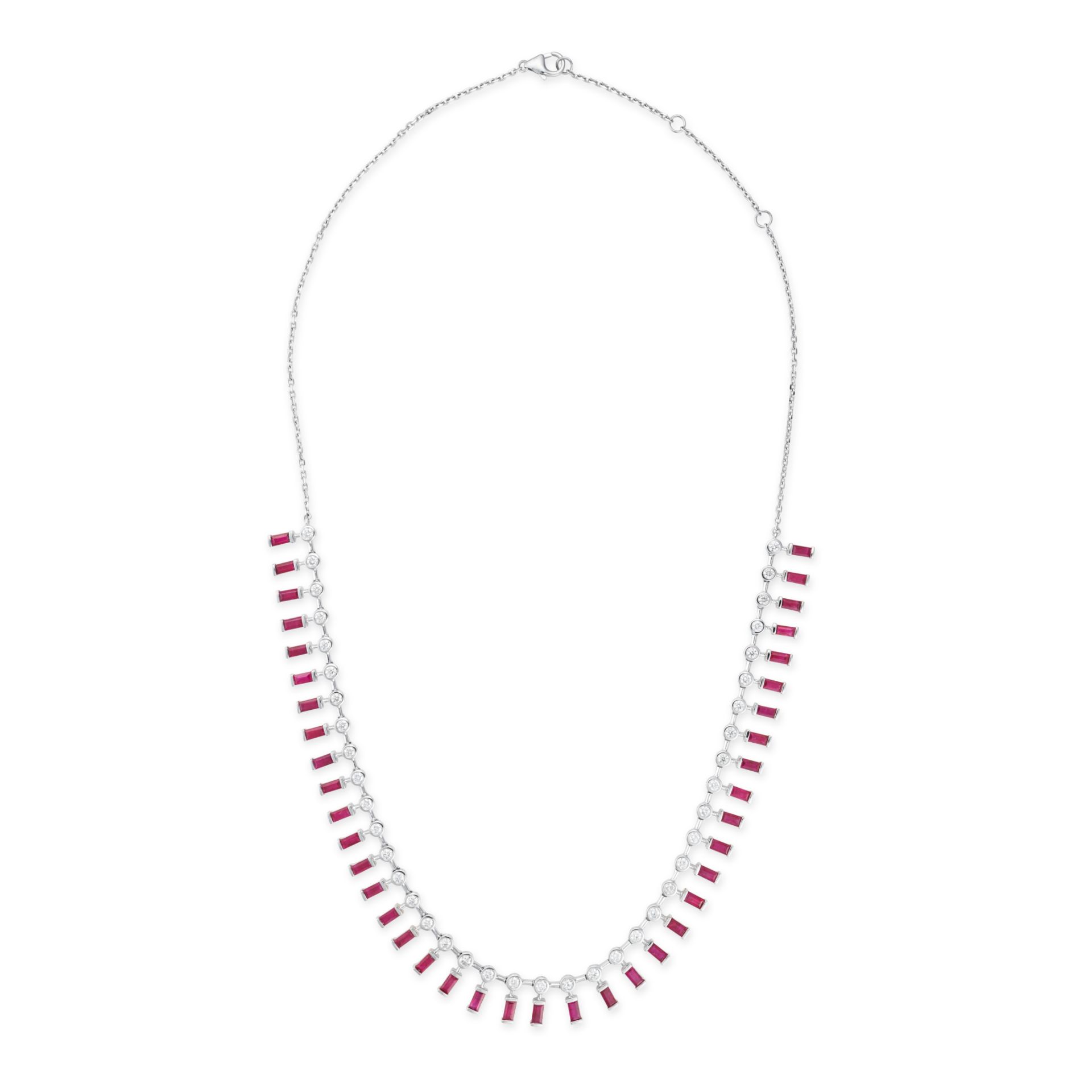 A RUBY AND DIAMOND FRINGE NECKLACE comprising a row of round brilliant cut diamonds suspending a ... - Image 2 of 2