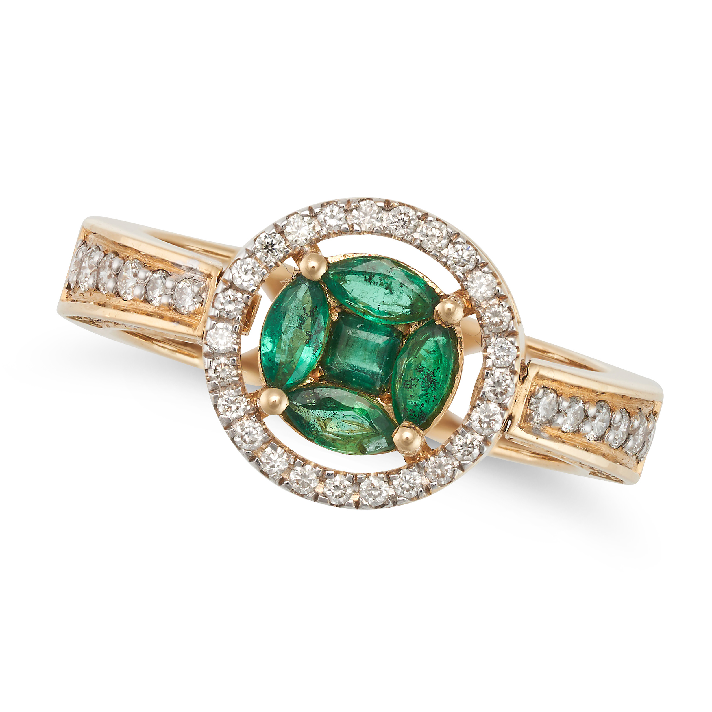 AN EMERALD AND DIAMOND RING / PENDANT set with a cluster of variously cut emeralds in a halo of r...