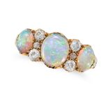 AN ANTIQUE OPAL AND DIAMOND RING in 18ct yellow gold, set with three oval cabochon opals accented...