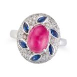 A PINK TOURMALINE, SAPPHIRE AND DIAMOND DRESS RING in 18ct white gold, set with an oval cabochon ...