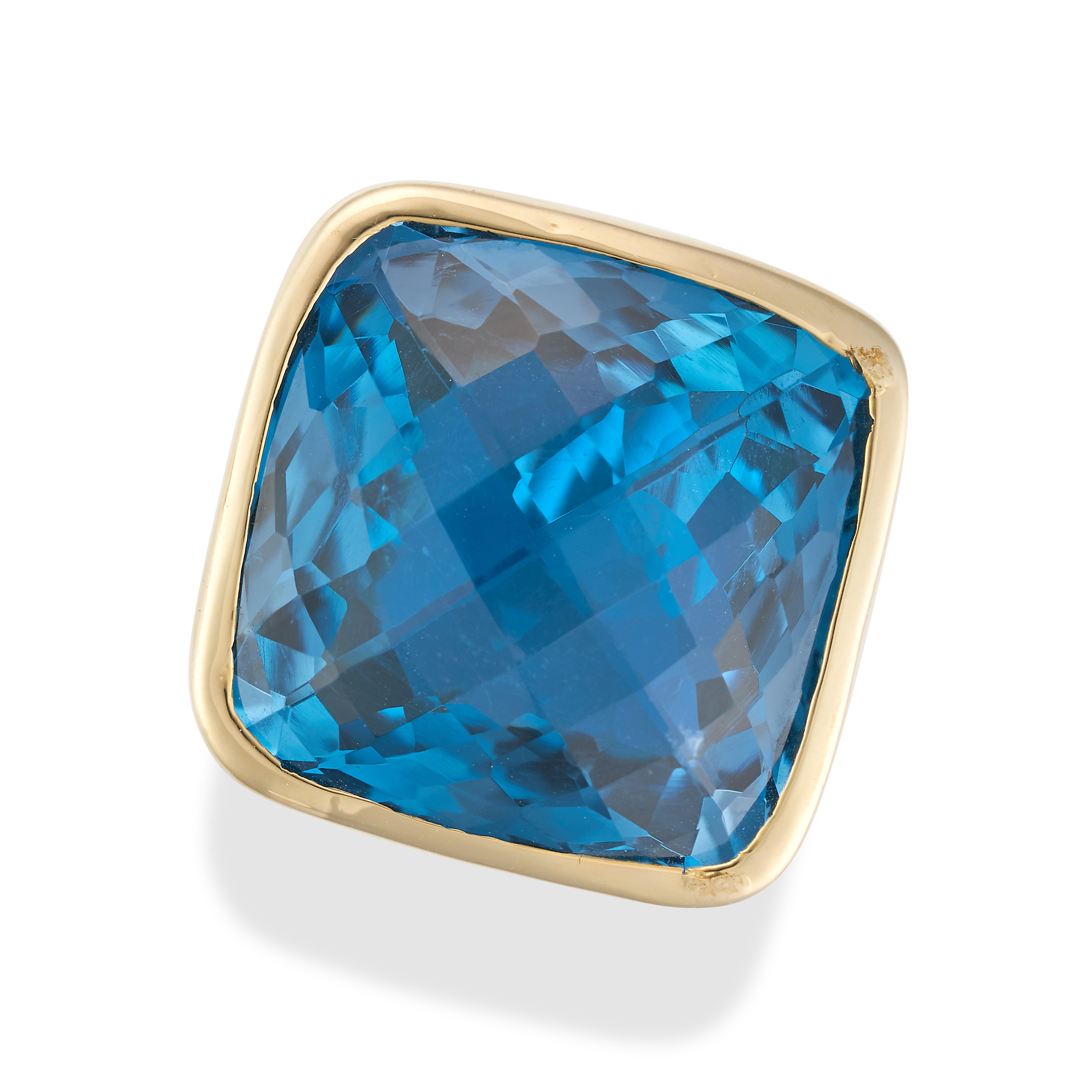 A BLUE TOPAZ AND DIAMOND RING set with a fancy cut blue topaz of 37.60 carats, the shoulders set ...