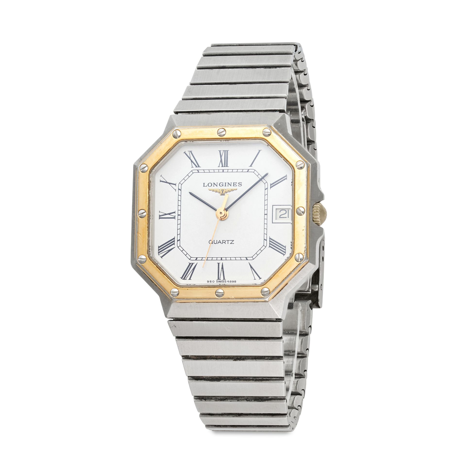 LONGINES, A VINTAGE WRISTWATCH in stainless steel, the octagonal screw down bezel surrounding a w...