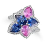 A SAPPHIRE, PINK SAPPHIRE AND DIAMOND RING in platinum, set with pear cut blue and pink sapphires...