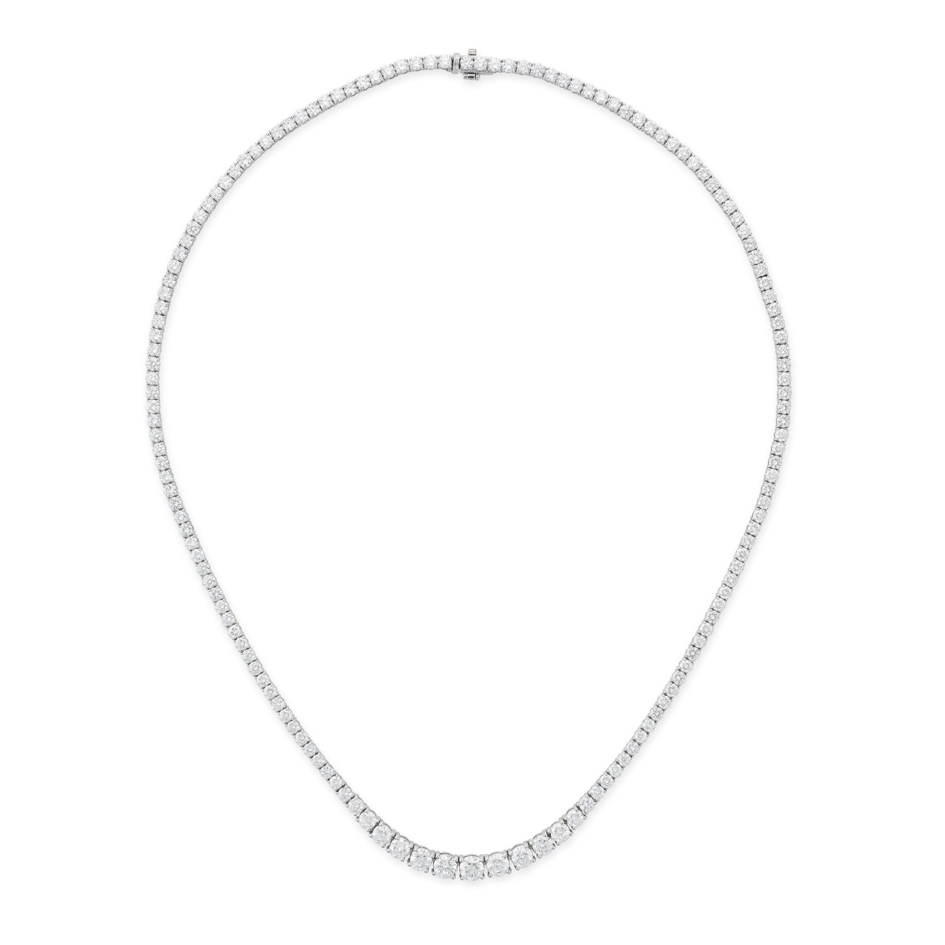 A DIAMOND LINE NECKLACE in 18ct white gold, comprising a row of graduating round brilliant cut di...