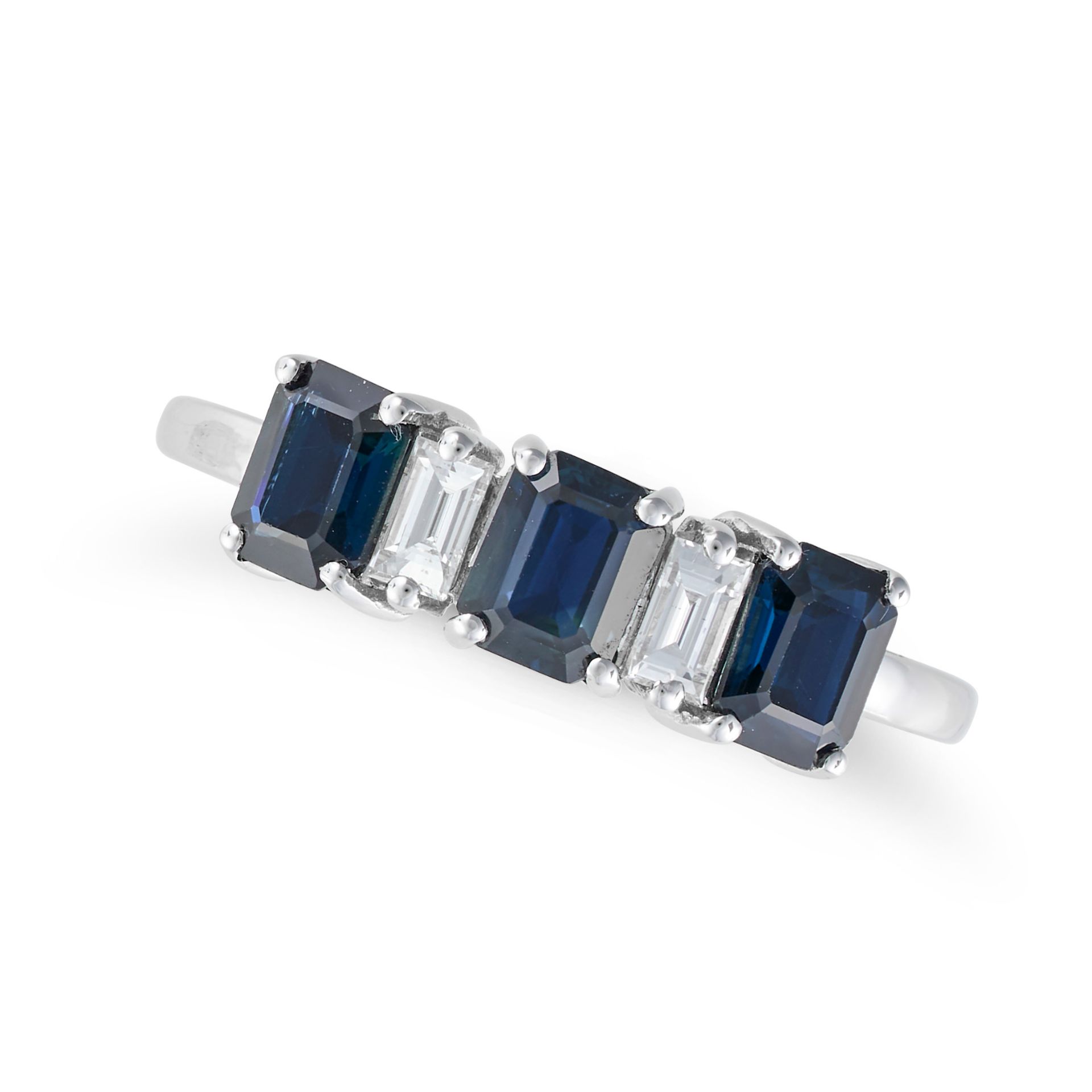 A SAPPHIRE AND DIAMOND RING in 18ct white gold, set with a row of alternating octagonal step cut ...