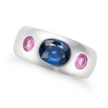 A BLUE AND PINK SAPPHIRE GYPSY RING set with an oval cut blue sapphire accented on each side by a...