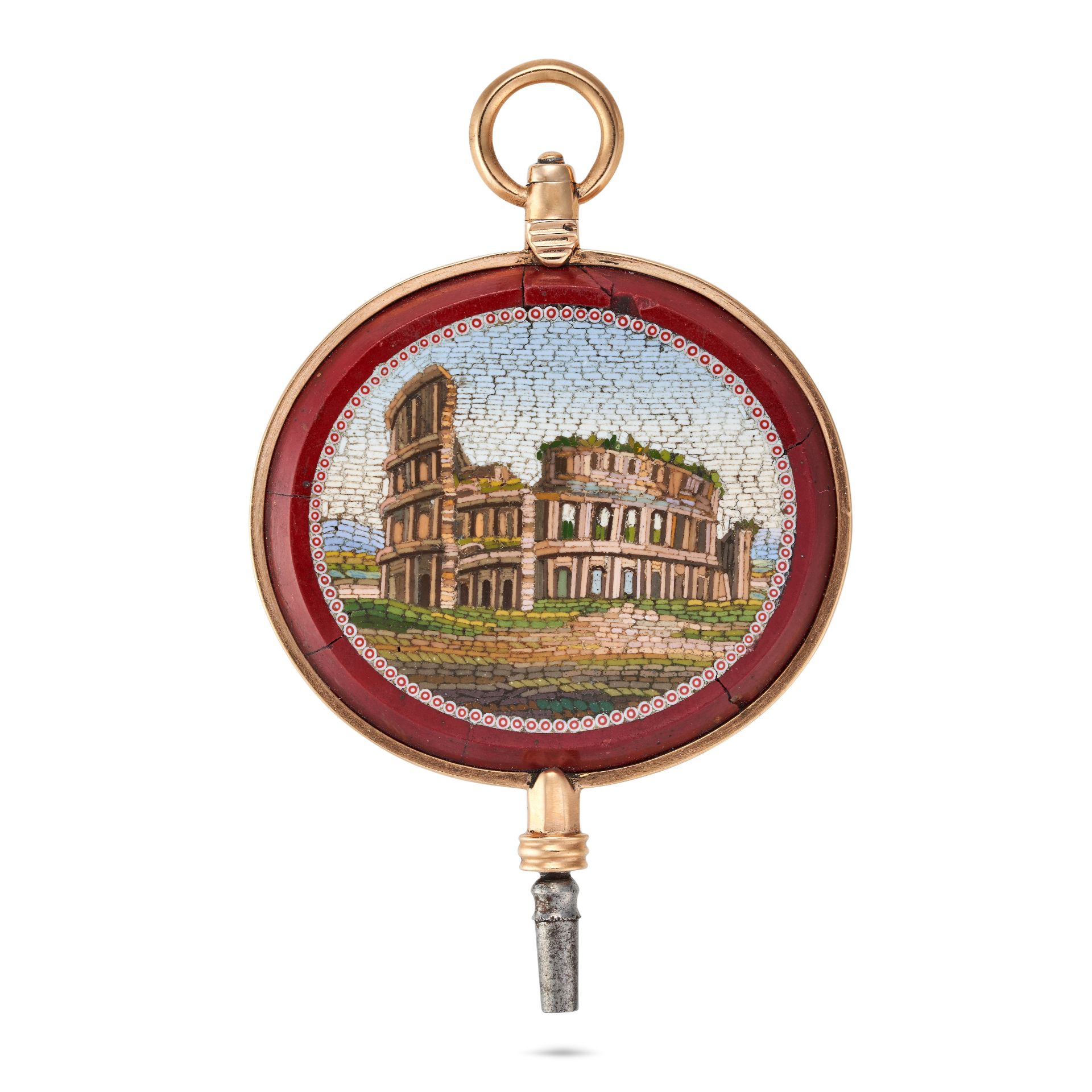 AN ANTIQUE MICROMOSAIC WATCH KEY inlaid with variously coloured pieces of glass depicting the Col...