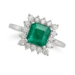 AN EMERALD AND DIAMOND CLUSTER RING set with an octagonal step cut emerald of approximately 1.37 ...